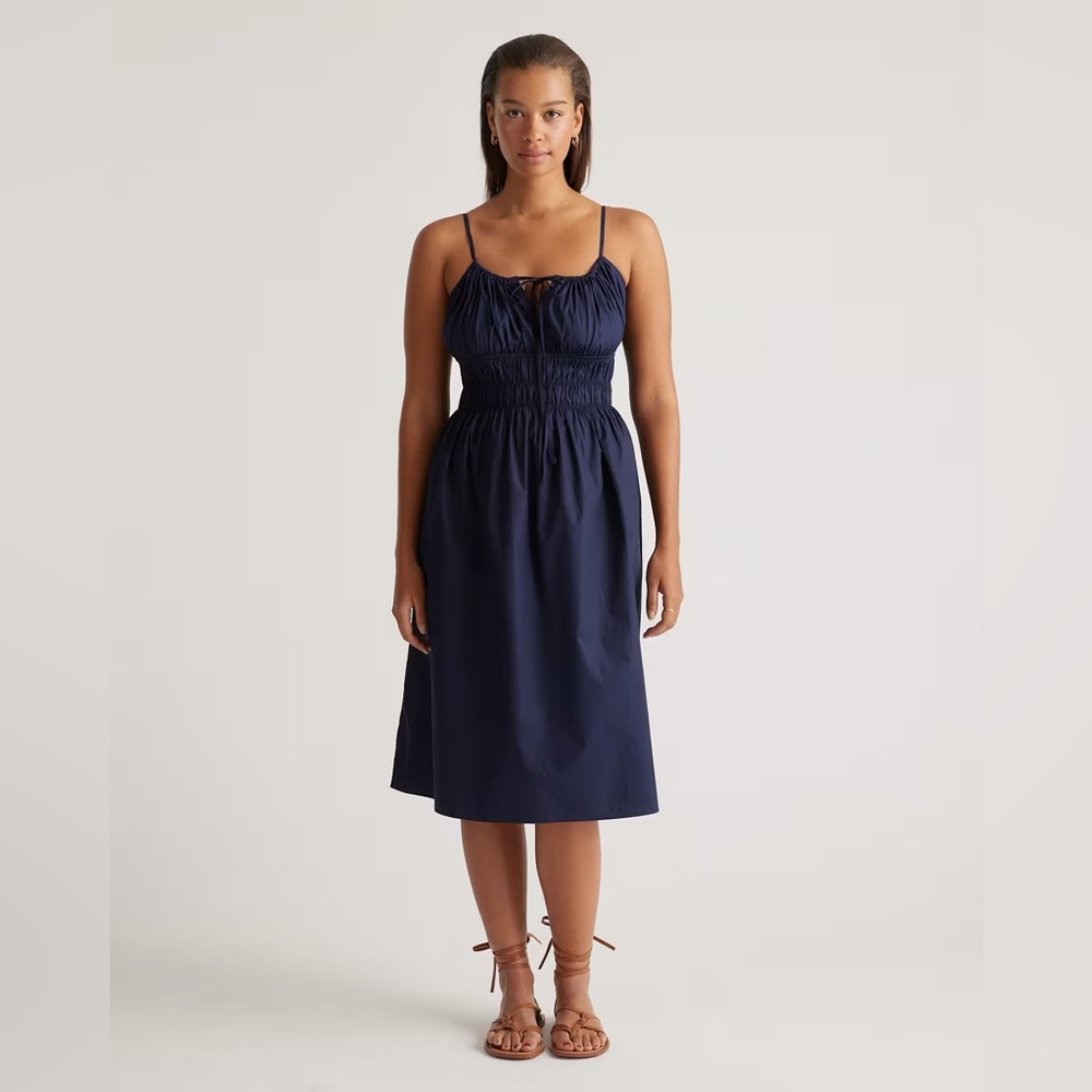 NWT Quince 100% Organic Cotton Keyhole Midi Dress Navy Blue Sz S